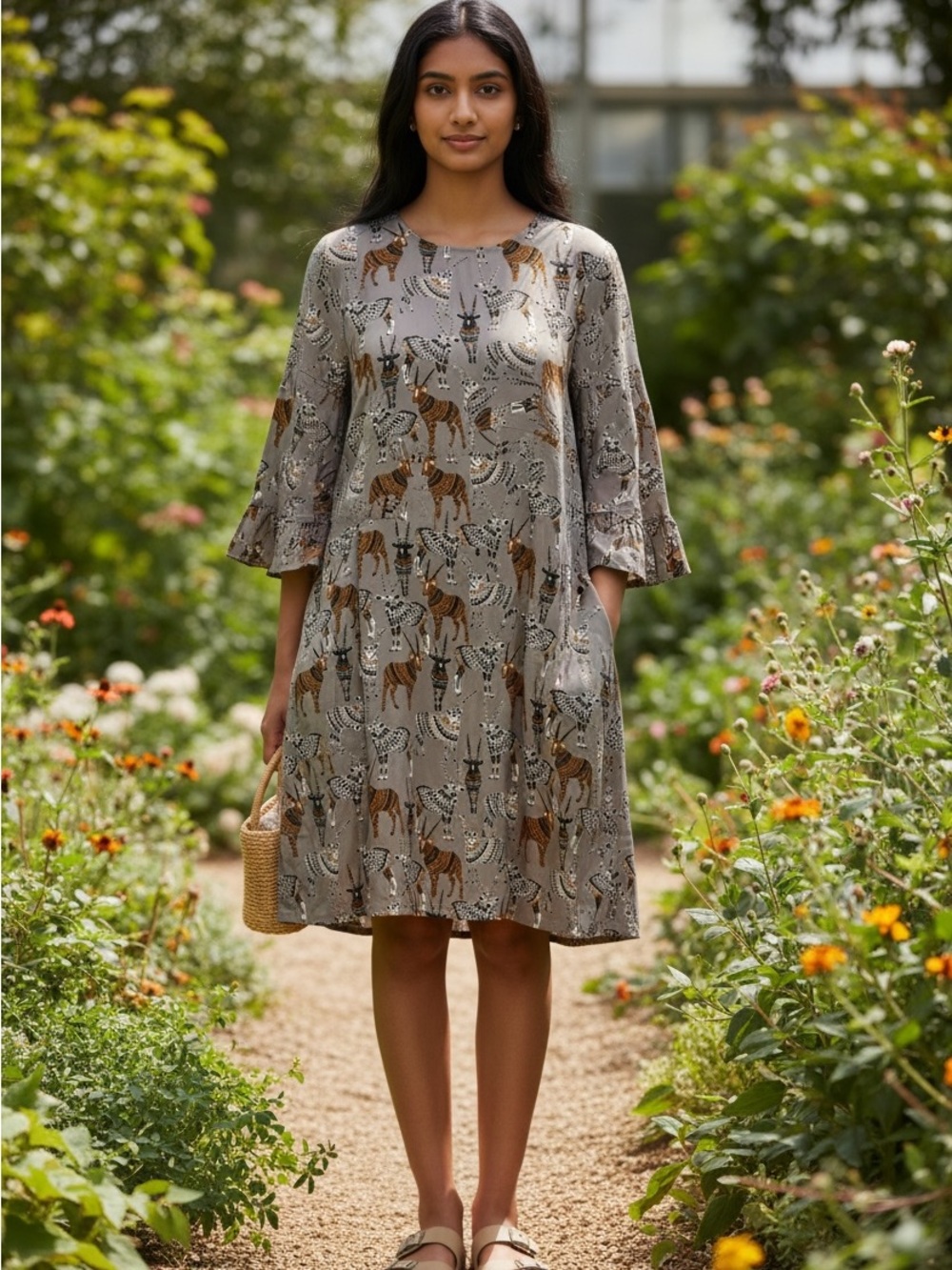 Cost Plus World Market Grey Animal-Print Midi Swing Dress